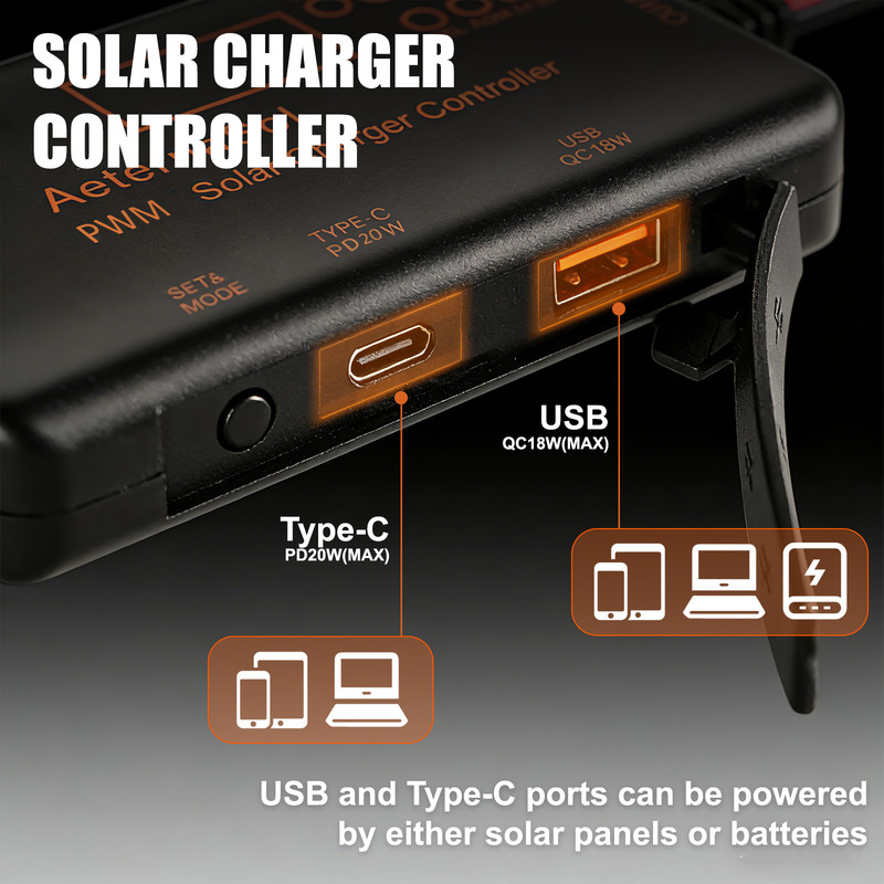 Solar Charge Controller 12V 20A Type-C&USB for Solar Panel Gel, AGM LiFePO4 gallery