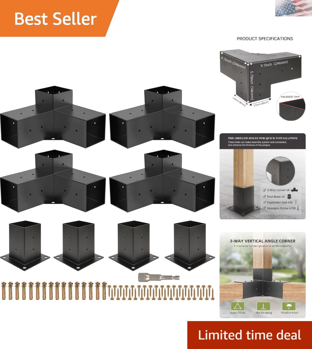 Pergola Kit with 3-Way Right Angle Brackets for Outdoor Stability gallery