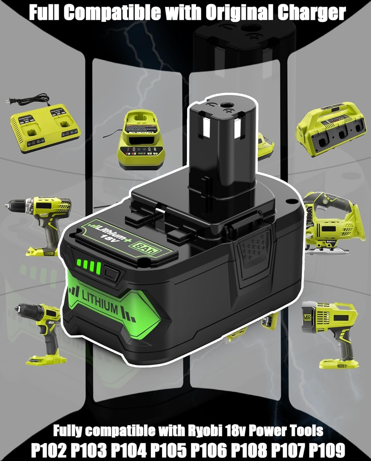 2 Pack Upgrade 8000mAh for Ryobi 18V Battery Lithium ion Compatible P102 gallery