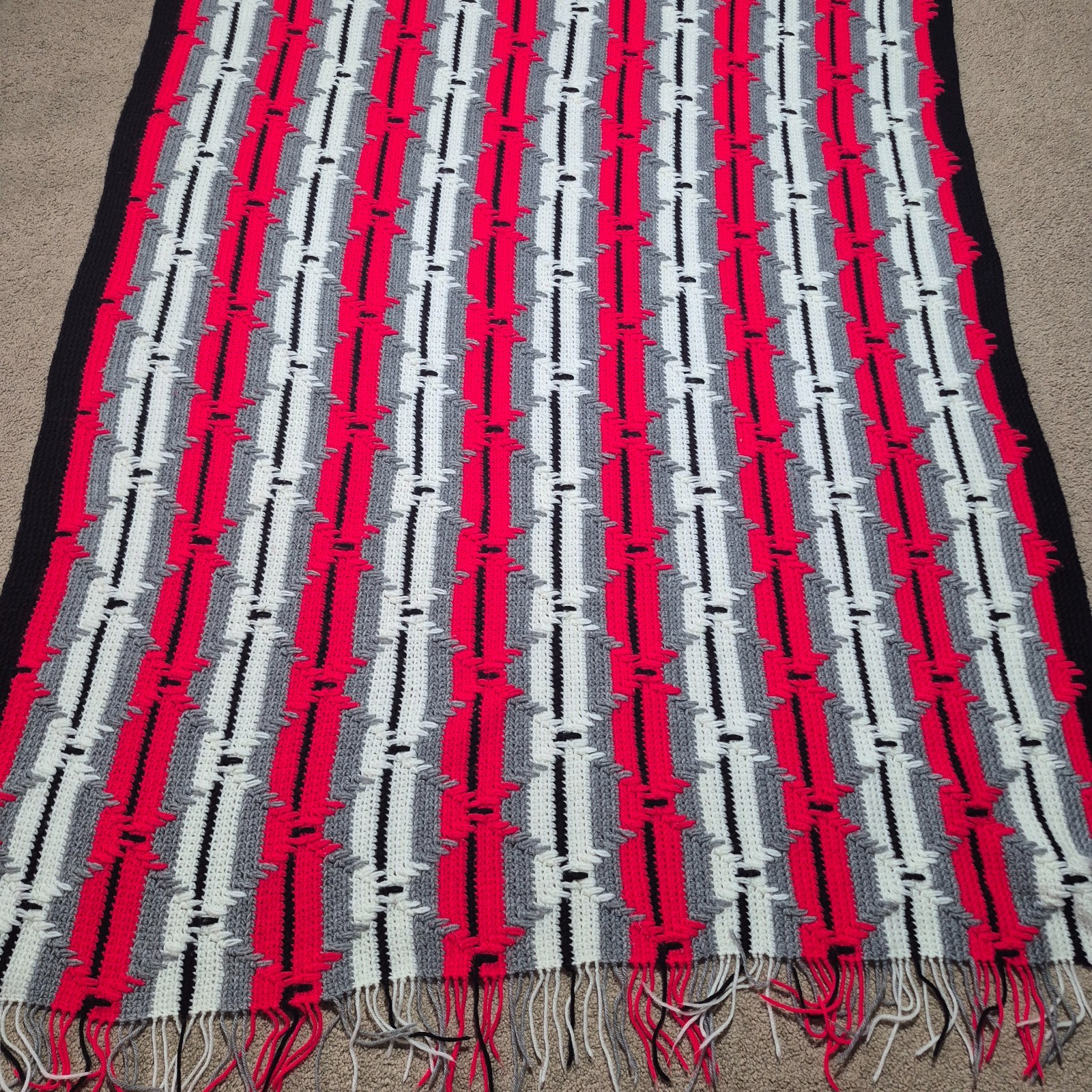 Handmade Afghan Crochet Blanket Couch Bed Throw Red Black White Gray 86" x 49" gallery