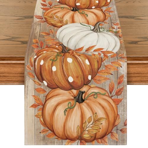 Polka Dot Pumpkin Eucalyptus Wood Fall Table 13" x 48", Table Runner Orange