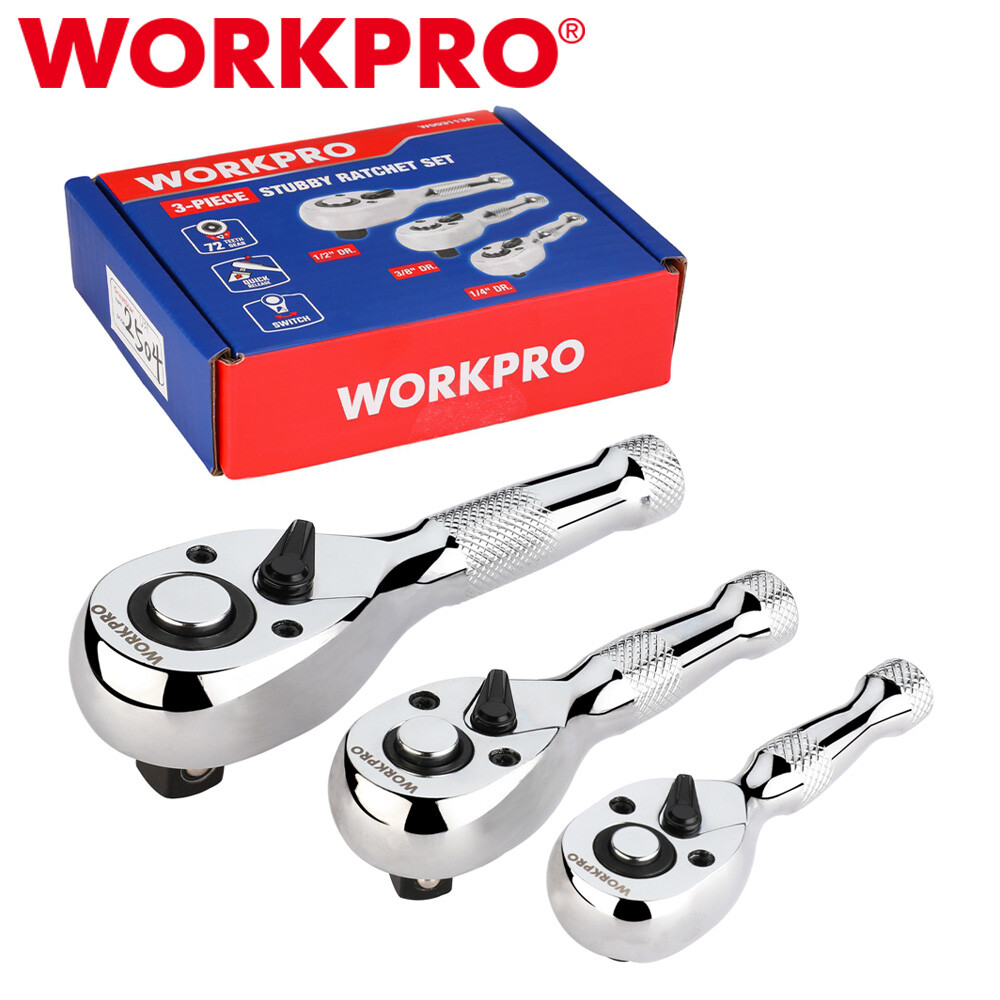 WORKPRO 3PC Stubby Ratchet Set Quick Release 1/4" 3/8" 1/2" Drive Ratchet Handle gallery