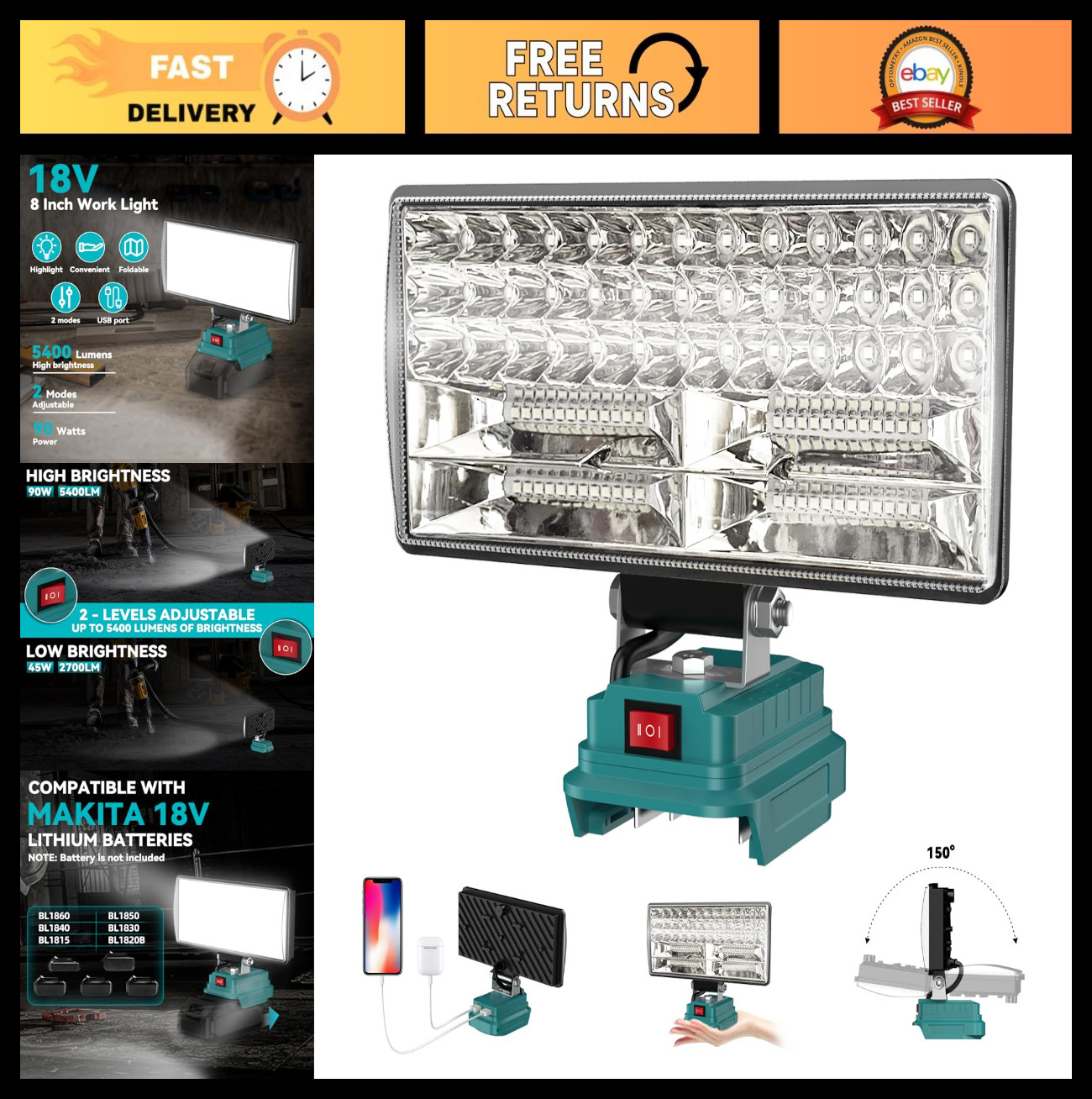 8" Cordless LED Work Light, 90W 5400 Lumens, Adjustable Floodlight, USB Charge, gallery
