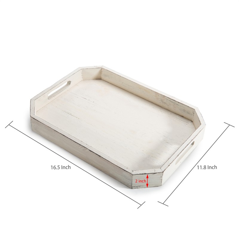 MyGift Rustic Whitewashed Wood Serving Tray with Cut-out Handles and Angled Edge gallery