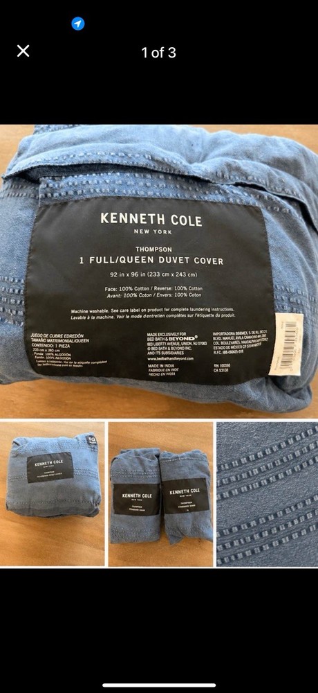 Kenneth Cole Thompson Full/Queen Duvet Cover Blue 100% Cotton 92x96 EUC