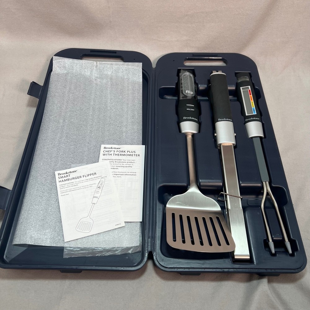 Brookstone BBQ Tool Set Grilling Smart Tools Digital Tongs Thermometer Fipper