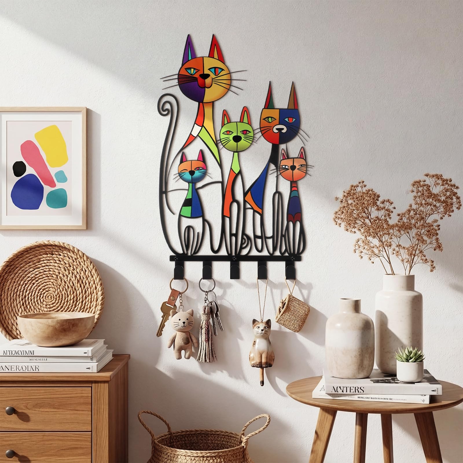 Mid Century Wall Mounted Coat Rack with 5 Hooks Retro Colorful Cat Wall Art D... gallery