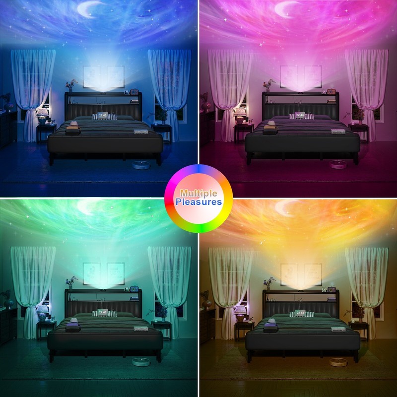 Full/Queen Size Upholstered Bed Frame with Starry Sky Lights and Storage Drawer gallery