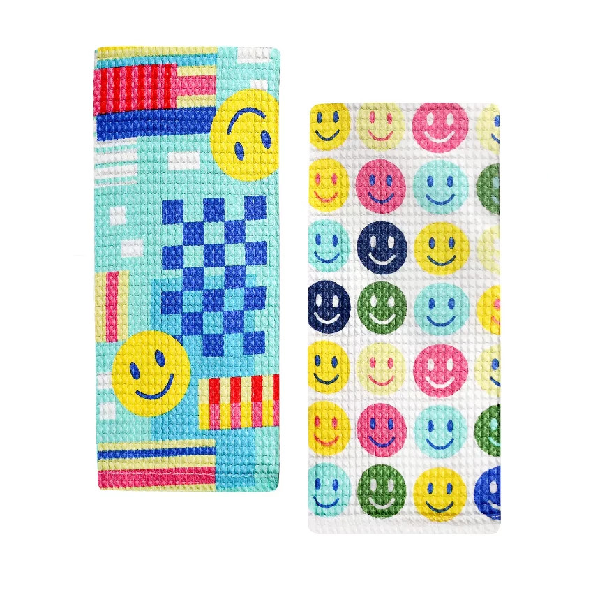 NEW Smiley Faces Decorative Kitchen Towels 15x25 in. Set of 2 waffle weave gallery