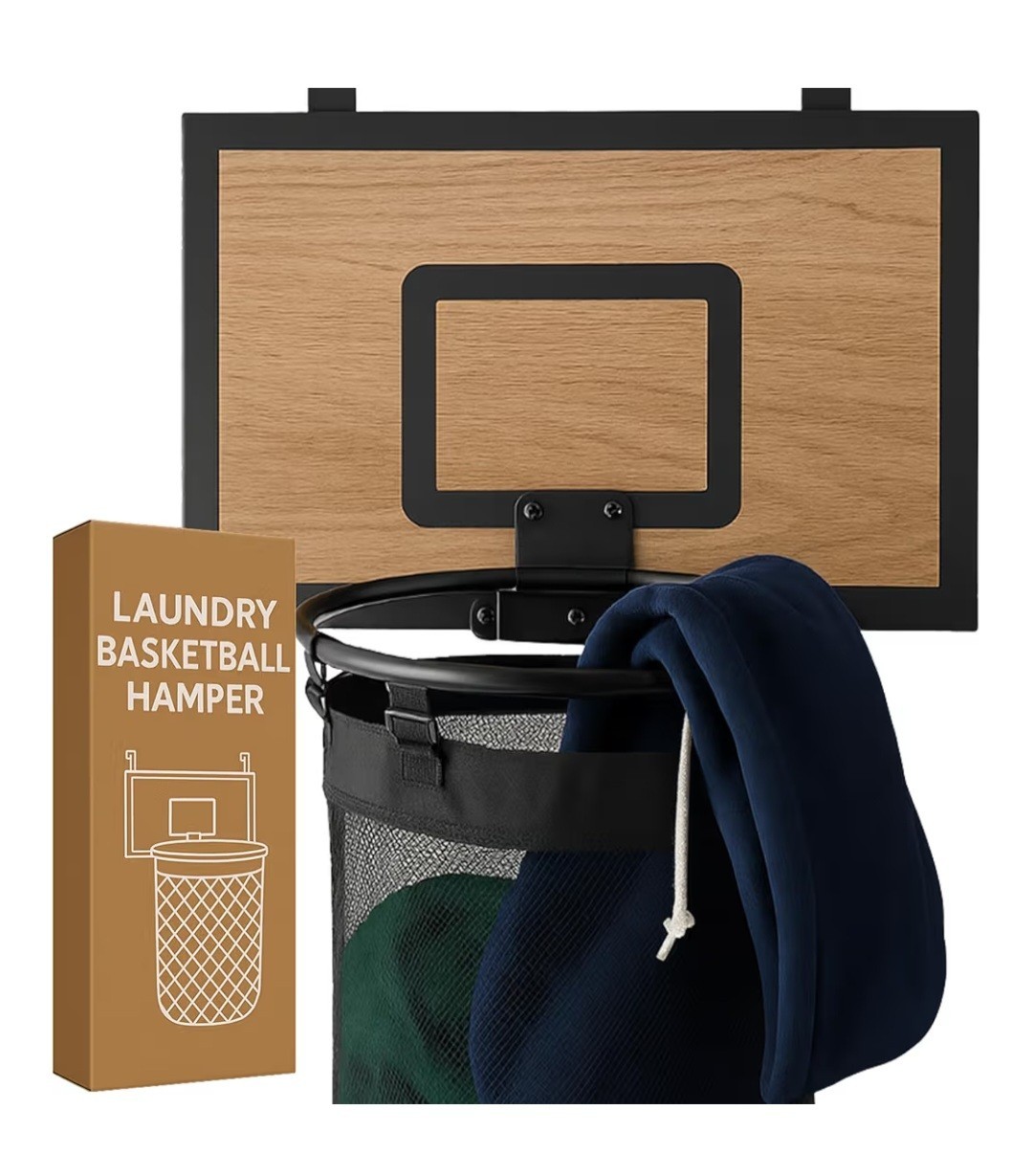 Basketball Laundry Hamper – Wooden Backboard & Mesh Hoop Laundry Basket –... gallery