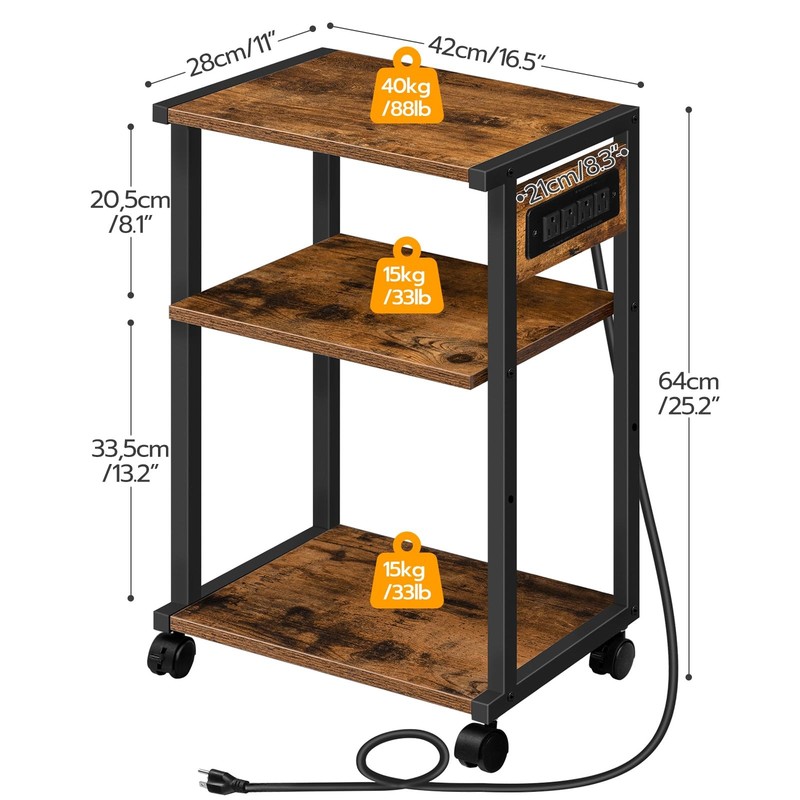 Industrial Printer Stand with Charging Station, 3-Tier Printer Table, Rolling... gallery