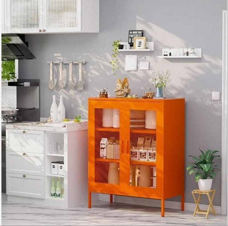 Cofar 40" H Orange Metal Storage Cabinet with 2-Mesh Doors, 2 Shelves for Office gallery