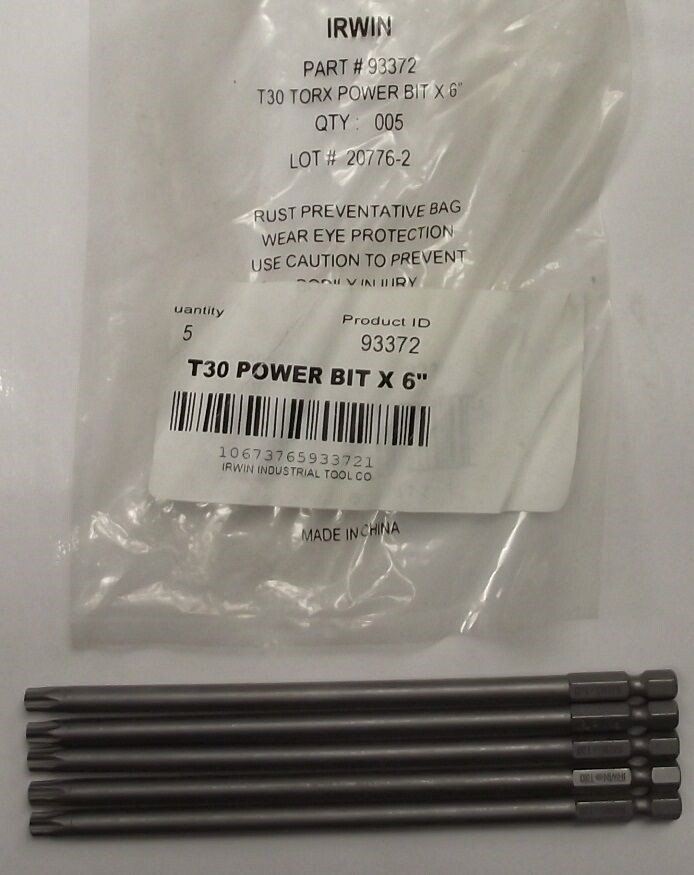 Irwin 93372 Torx Power Bit T30 1/4" Hex Drive, 6" OAL 5pcs. gallery