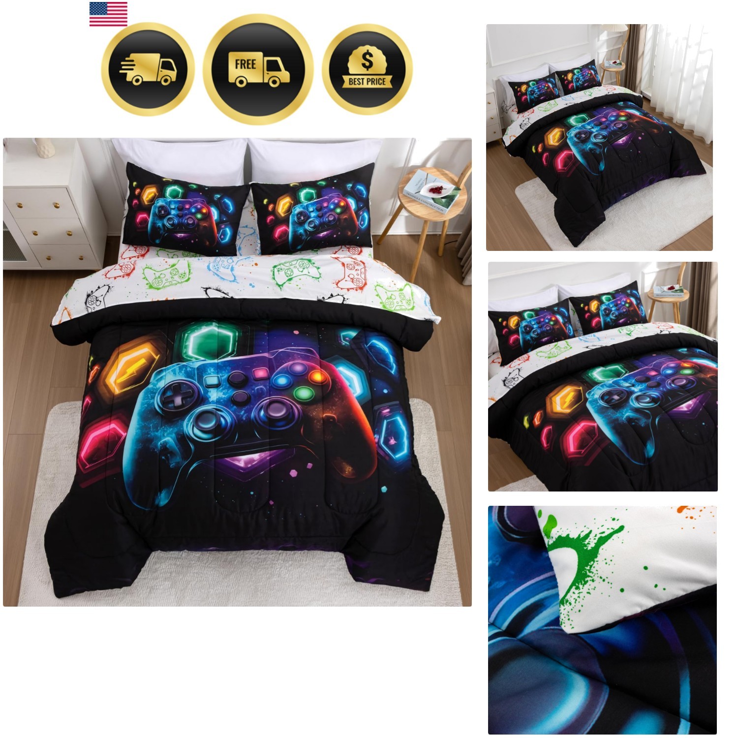 Game Console Comforter Set for Boys Girls Kids Space Universe Gaming Geometri... gallery