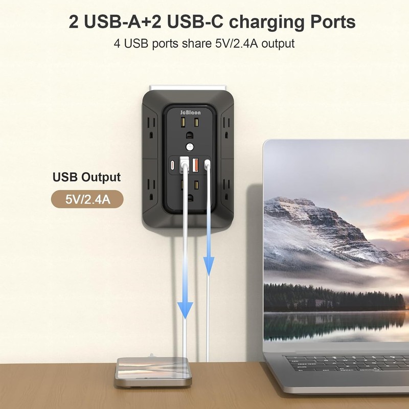 Extender Surge Protector - 6 Outlet Splitter with 4 USB Ports (2 USB C), Multipl gallery