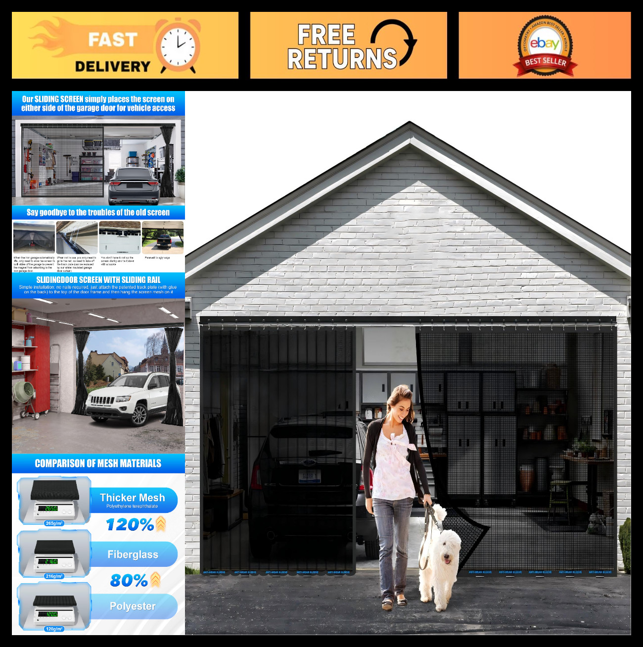 9x7FT Sliding Garage Door Screen - Magnetic Closure, Heavy Duty Mesh, Retractabl gallery