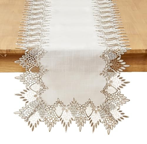 Linen Table Runner 54 inches Long, Neutral Earth Tones Beige Lace White 16”x54” gallery