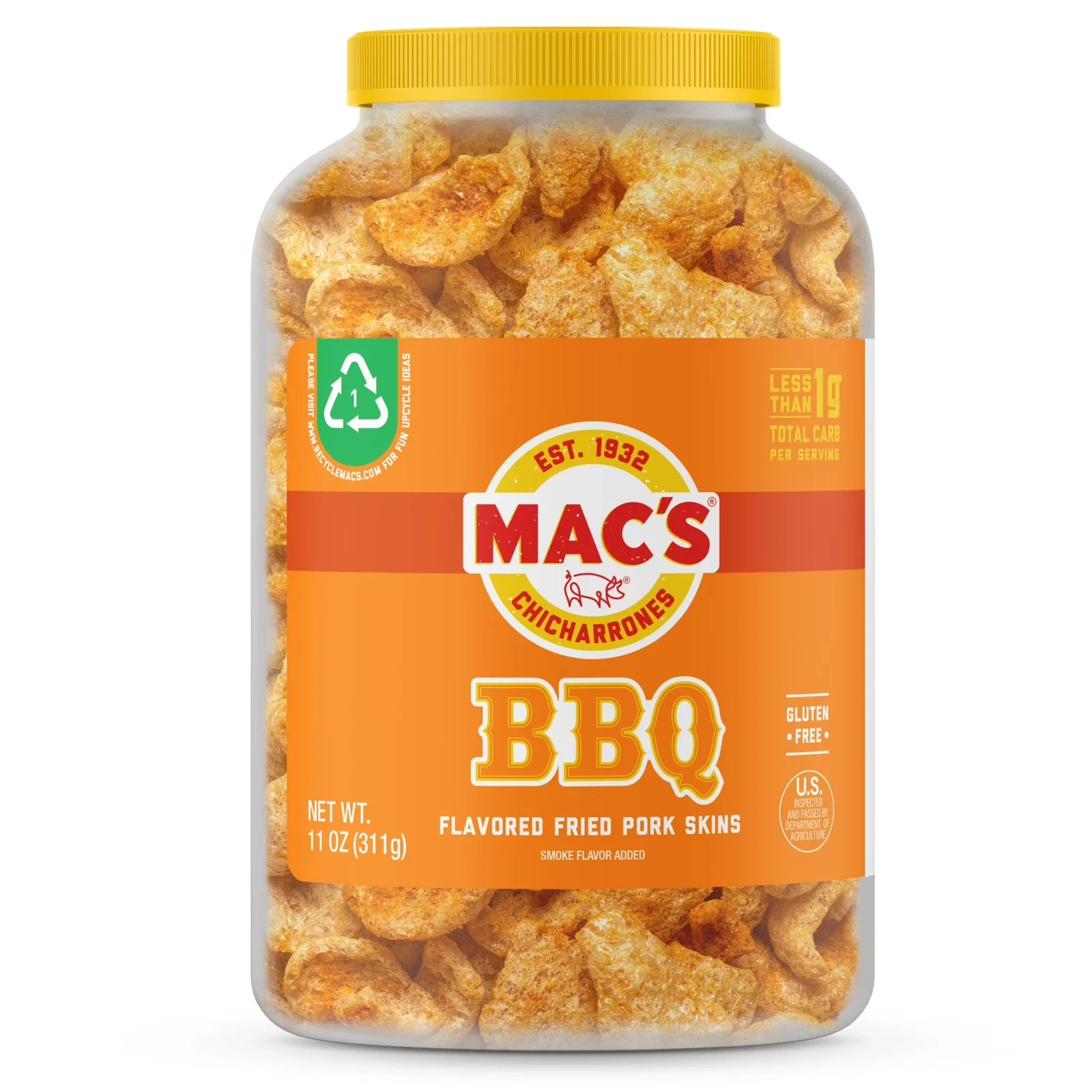 Mac's Chicharrones BBQ Flavored Pork Rinds, Pork Skins, 11 oz Canister gallery