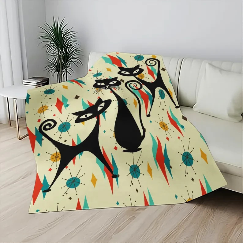 Atomic Cat Mid Century Sherpa Blanket Retro Cozy Throw gallery