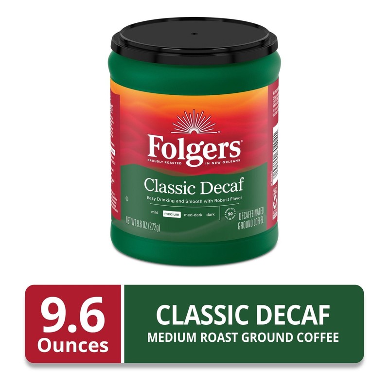Folgers Decaf Coffee Ground Coffee Classic Medium Roast 9.6 oz Canister (2 Pack) gallery