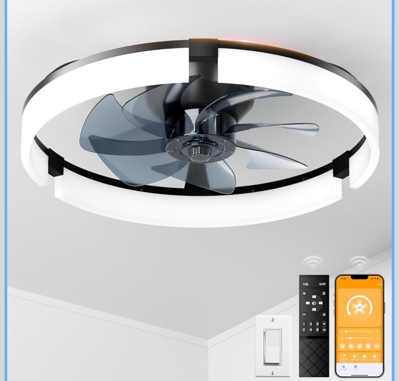 20" Ceiling Fans with Lights and Remote, 3000K-6500K Dimmable Flush Mount, 6SP gallery