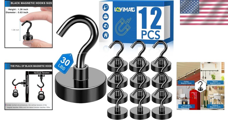 Magnetic Hooks, 12 Pack - Heavy Duty, Black, Rust Resistant, 30lbs Capacity, ... gallery