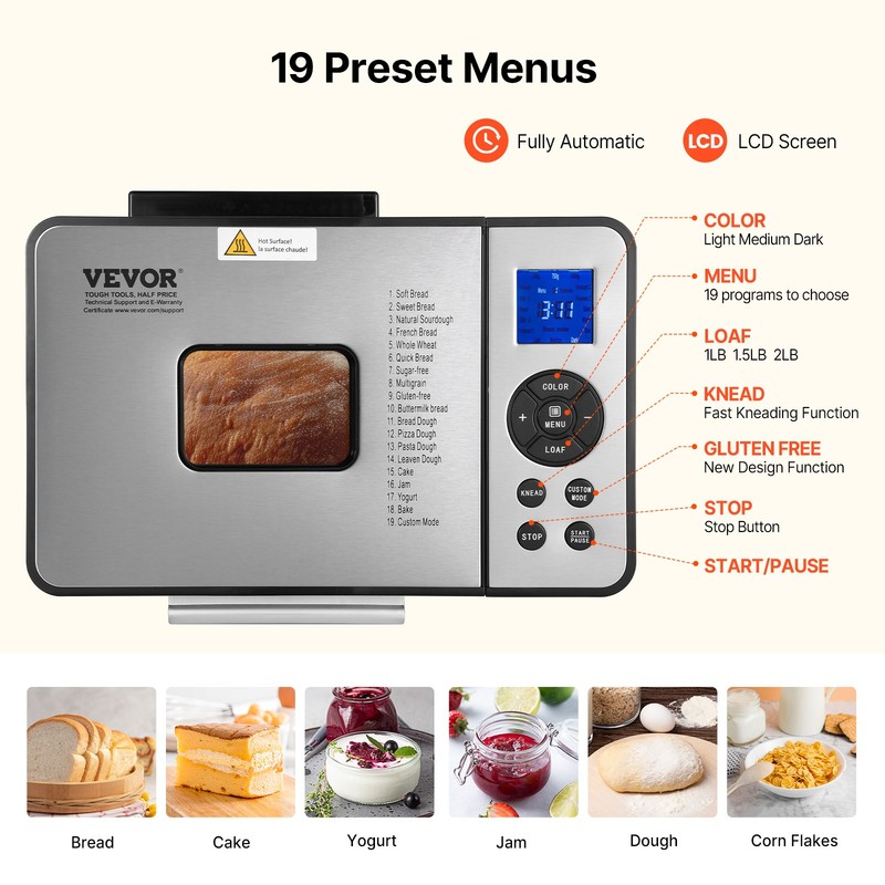 VEVOR 2LB 19-in-1 Bread Maker Automatic Compact Dough Machine Nonstick 3 Colors gallery