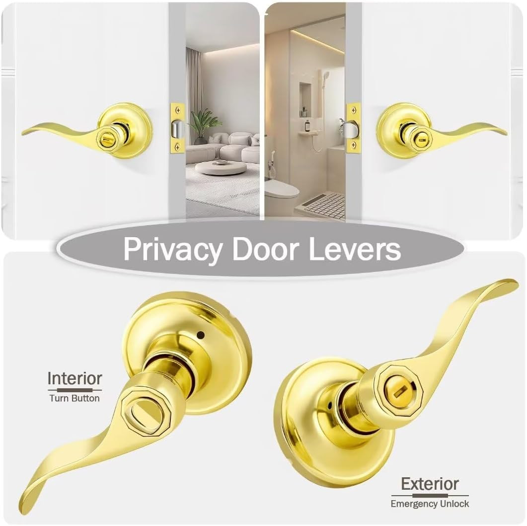 Bathroom Door Handle with Lock Gold, Brass Door Handles Interior 5 Pack, Heavy D gallery
