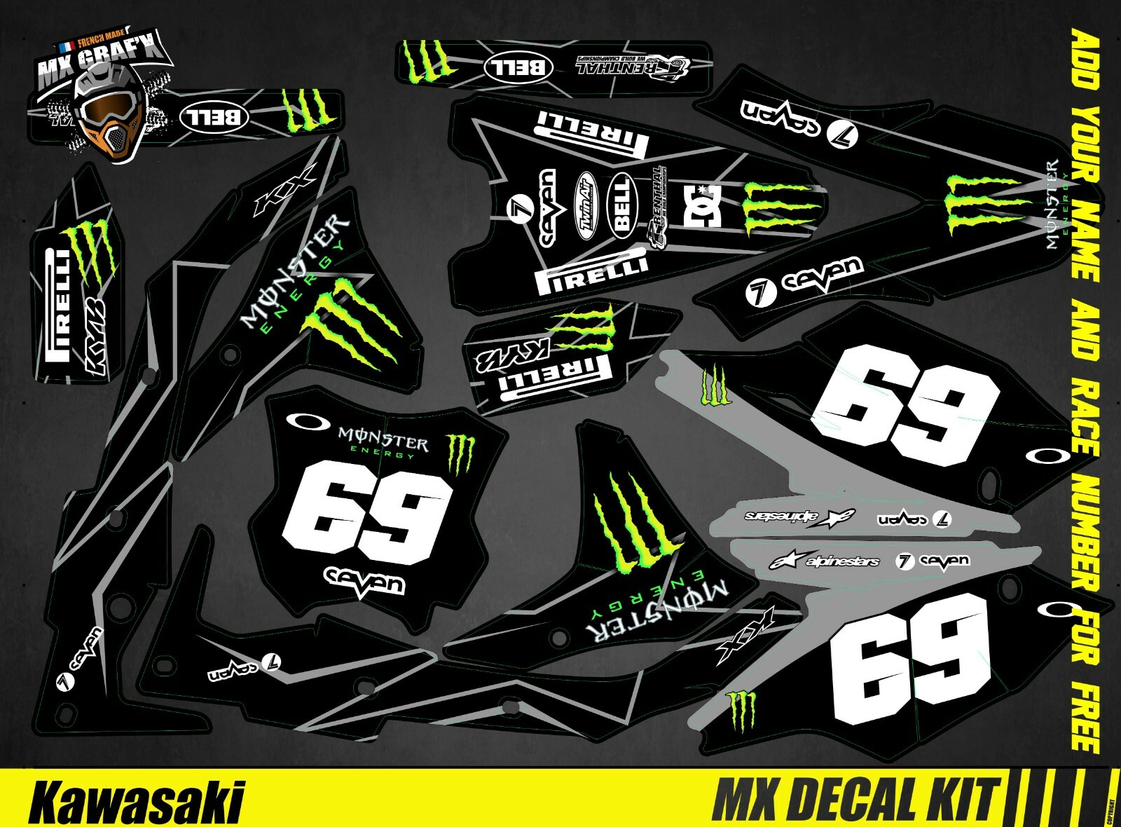 MX Decal Kit For Kawasaki KXF - Monster Black gallery