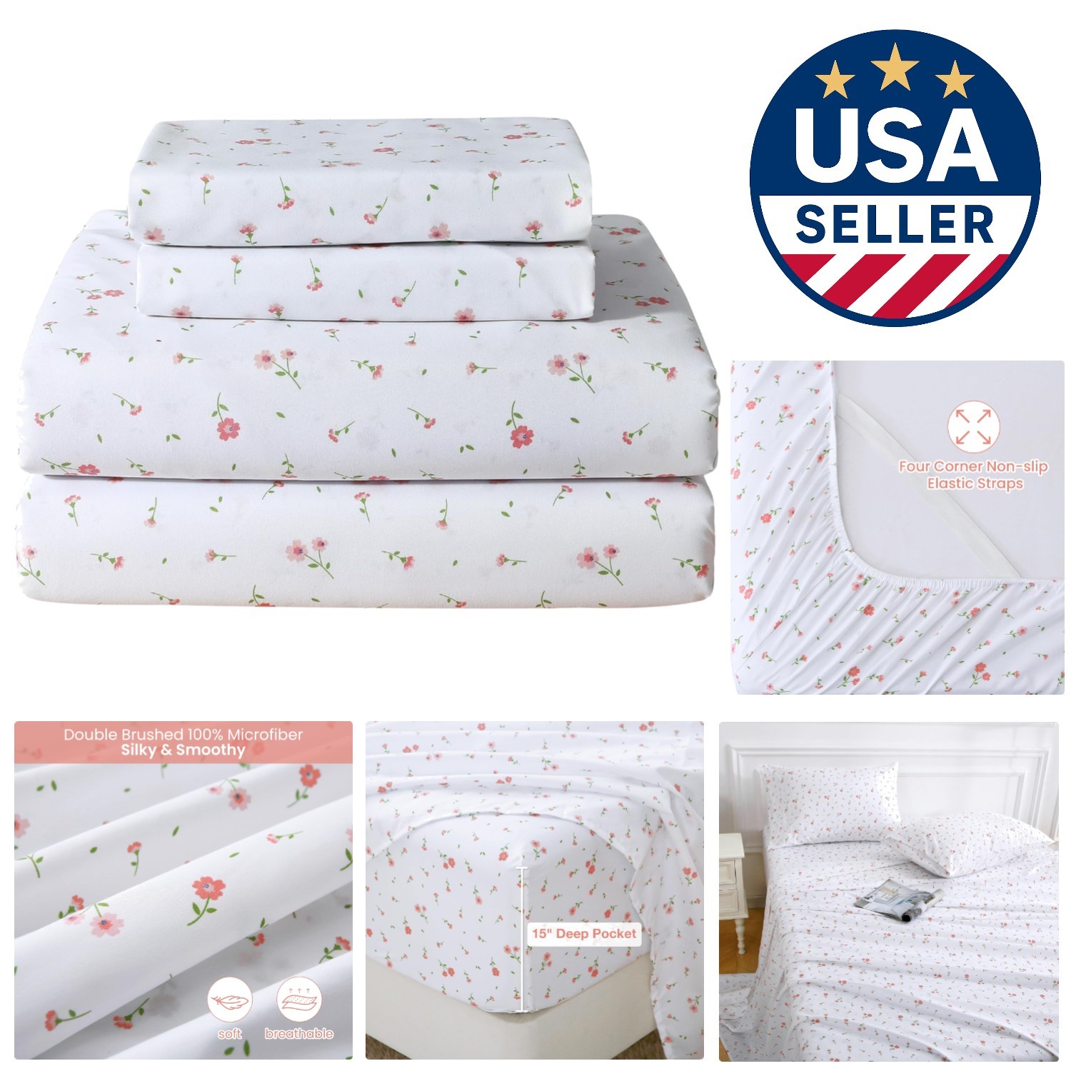 Cozy Pink Flower Queen Sheet Set - 4-PC Microfiber with 15" Deep Fitted Style gallery