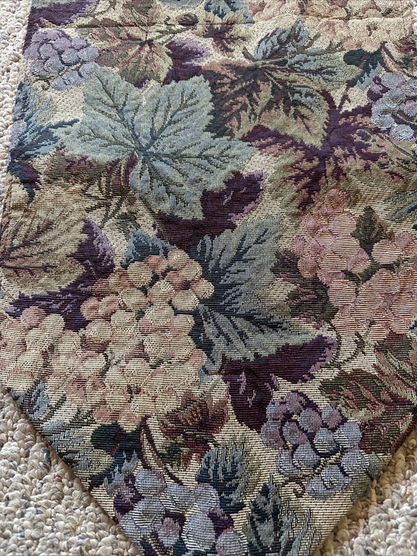 Fall Tapestry Table Runner Grapes & Leaves Burgundy Tassels 78” x 12 3/4” Estate gallery