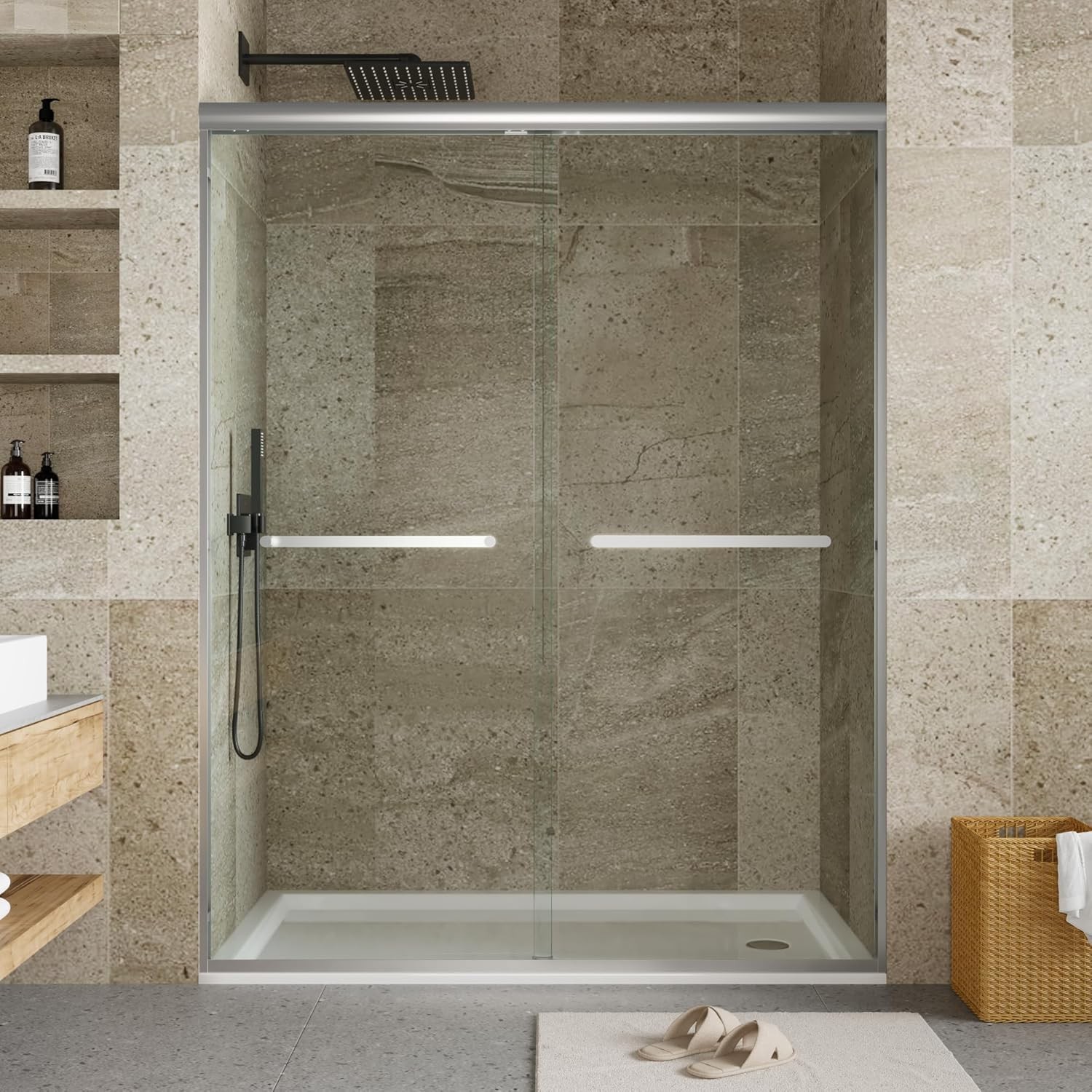 44-48"W x 72"H Frameless Double Sliding Shower Door 5/16 in (8 mm) Thick, Silver gallery