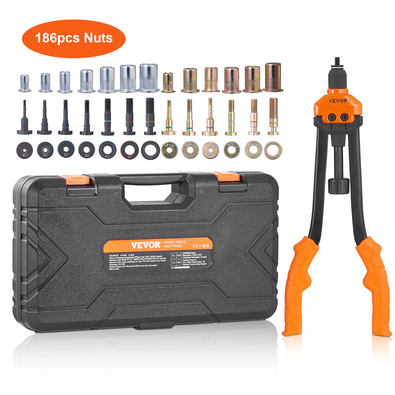 VEVOR Rivet Nut Tool 16in Rivnut Tool Kit 13 PCS Mandrels and 186 PCS Rivet Nuts gallery