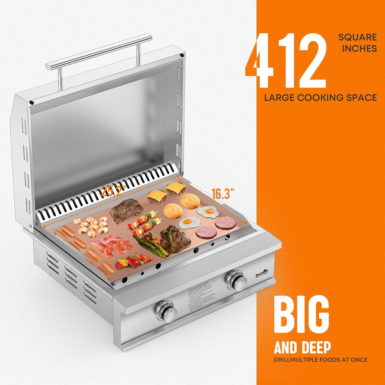 28" Stainless Steel Natural Gas Griddle - 2-Burner BBQ Grill, 34,000 BTUs gallery