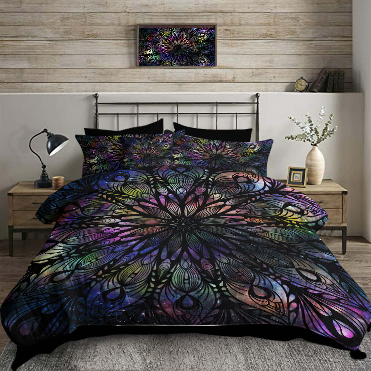 Mandala Flowers Pattern Comforter Set BlessLiving Colored Bedding Set King Black gallery