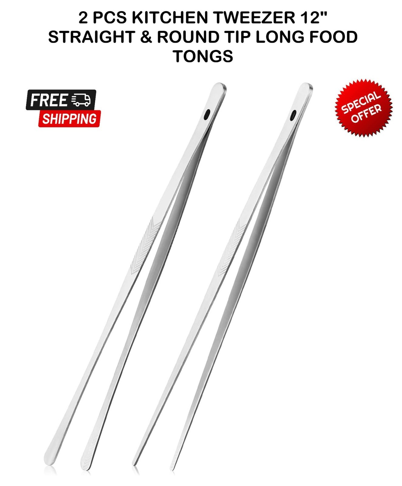 2 Pcs Kitchen Tweezer 12″ Straight & Round Tip Set Long Food Tongs Chef DIY Tool gallery