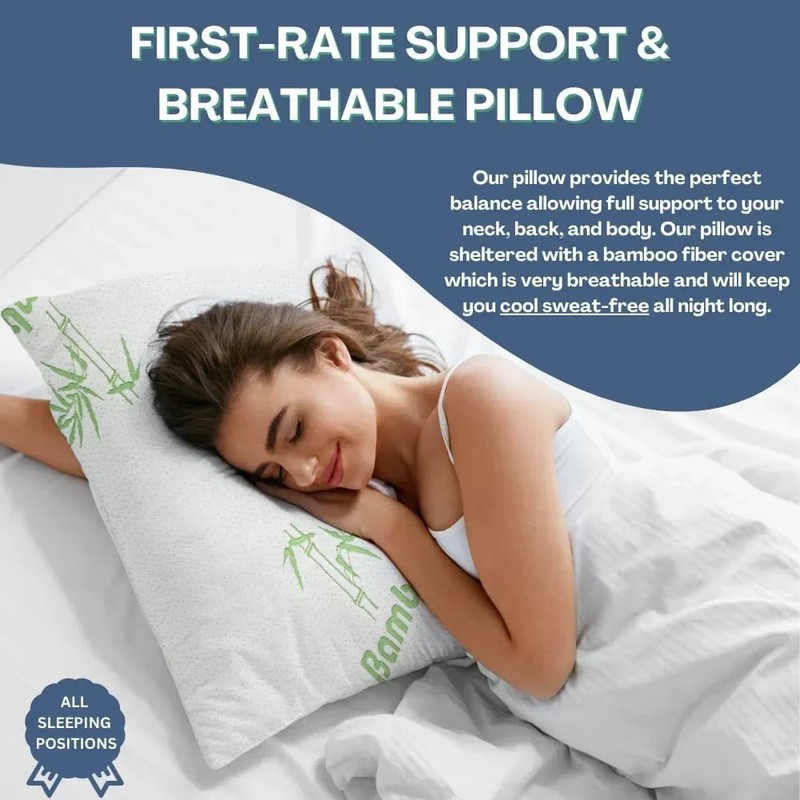 Glory Bamboo Pillow Queen Size - Memory Foam/Breathable & Zippered. Set 2. gallery