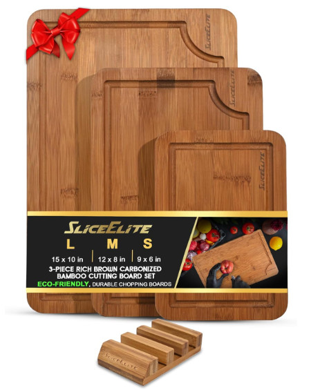 SliceElite Rich Brown Carbonized Bamboo Cutting Board Set 3 Piece with Stand gallery