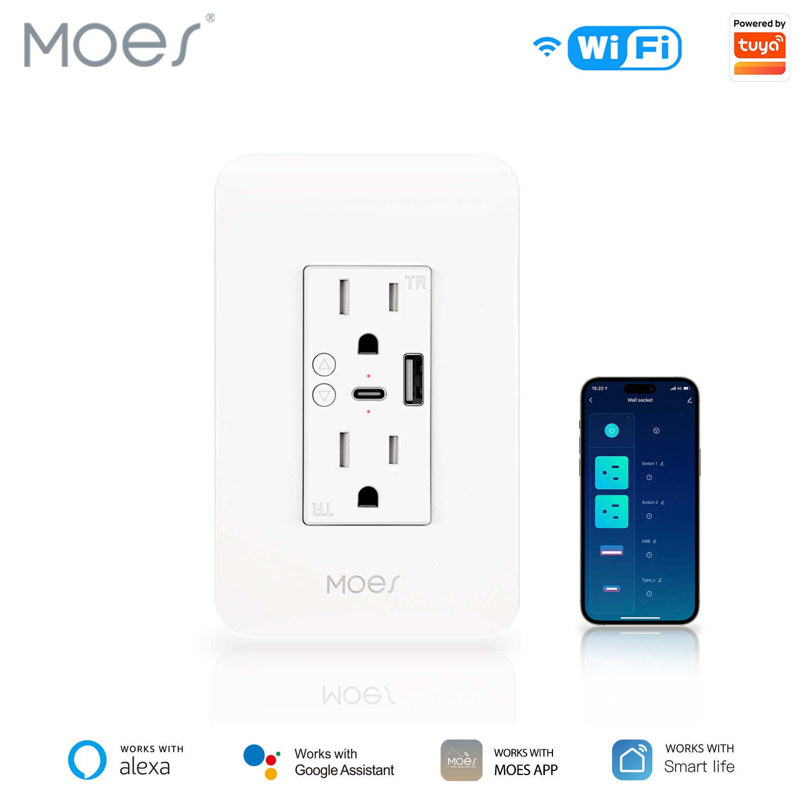 MOES WiFi Smart USB & Type C Wall Outlet Receptacle with Alexa Google APP Remote gallery