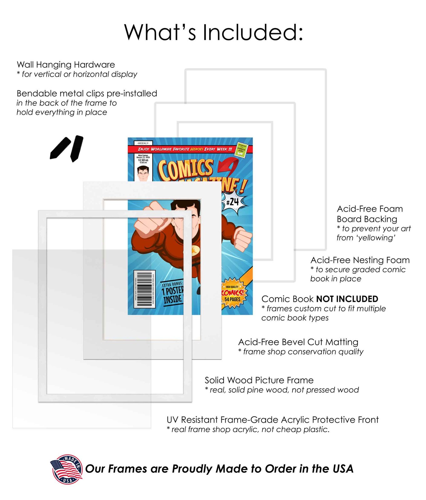 Comic Frame for Golden Age Comics - White Wood with White Mat, 18 Frame Sizes gallery