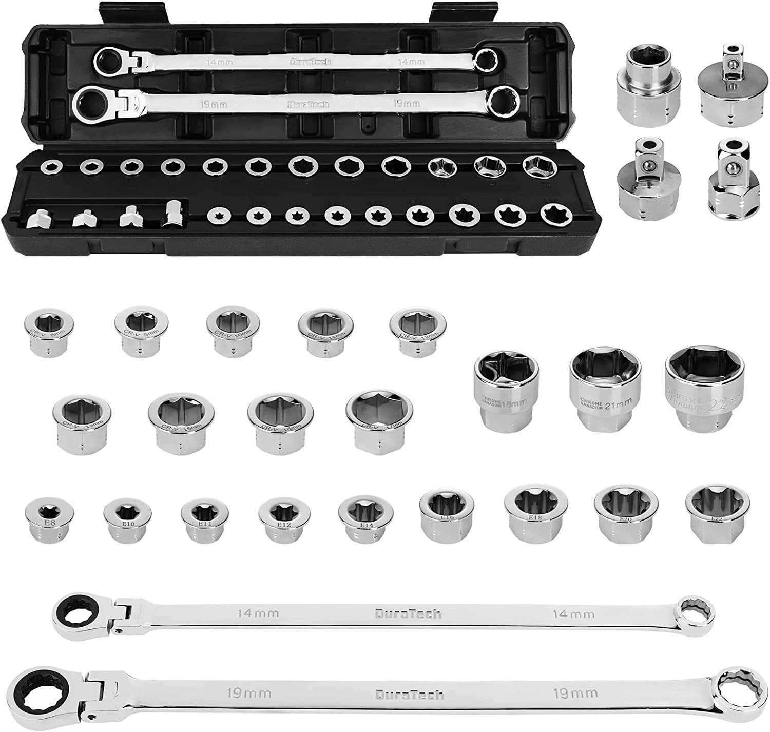 DURATECH 27PCS Extra Long Ratcheting Wrench Set Flex Head 8-22mm Socket Adapters gallery