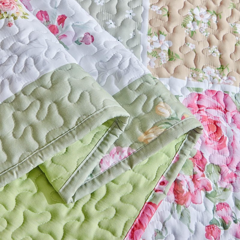 Patchwork Quilt Set King Size,3 Pieces Green White Pink Floral Plaid Reversib... gallery