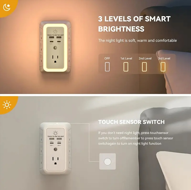 2 Pack Wall Outlet Surge Protector with 7 AC Outlets, 4 USB Ports & Night Light gallery