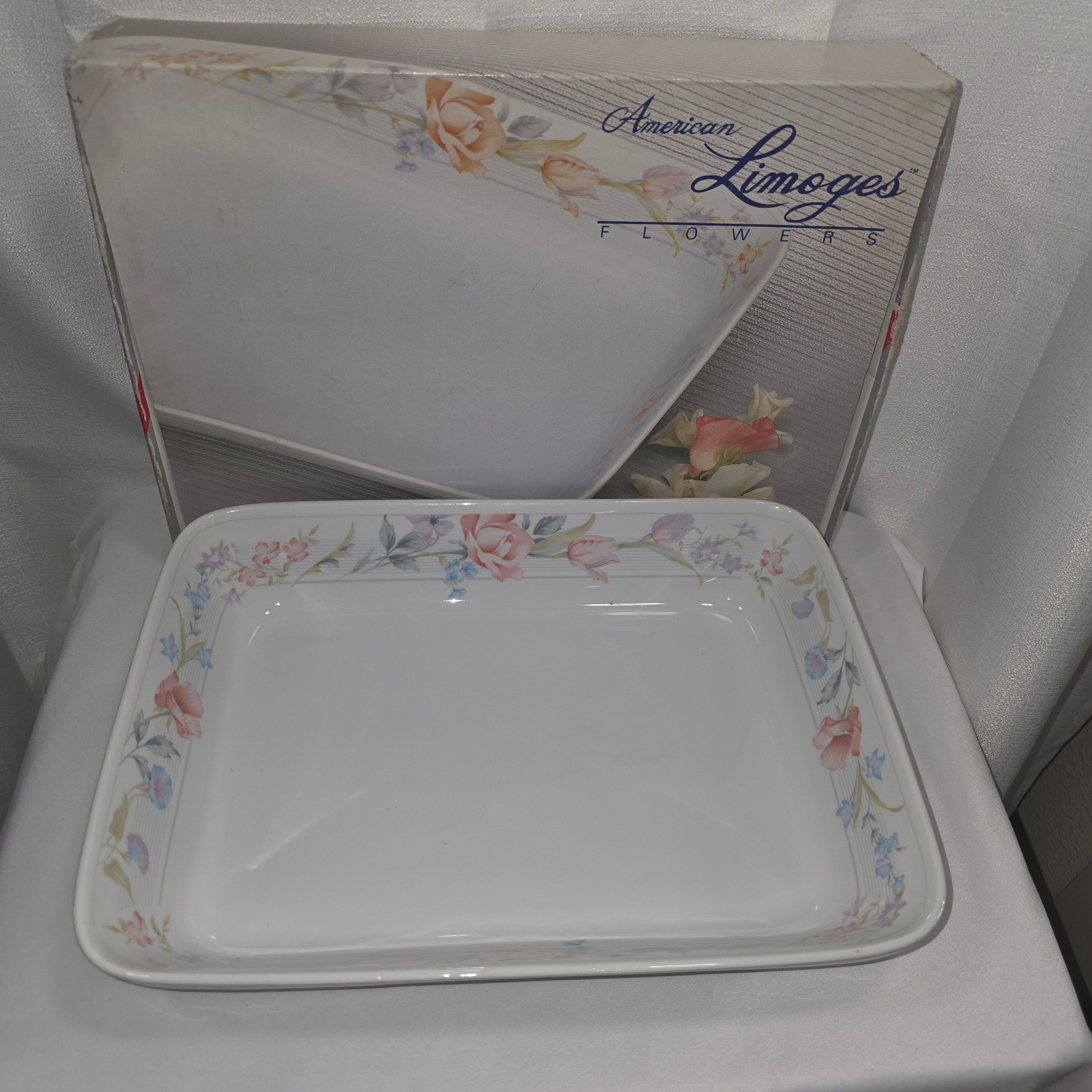 American Limoges Flowers Fine Porcelain 12.75" Rectangular Baker Floral Japan gallery