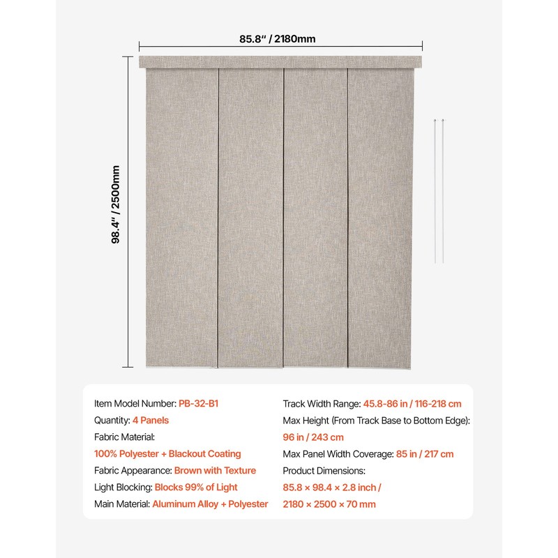 Panel Track Blinds Extendable Track from 45.8 in to 86 in W Trimmable Brown gallery