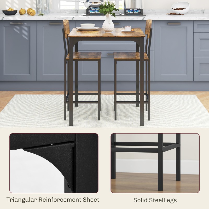 3 Piece Pub Table Set, Square Dining Table & 2 Stools, Rustic Brown/Black gallery