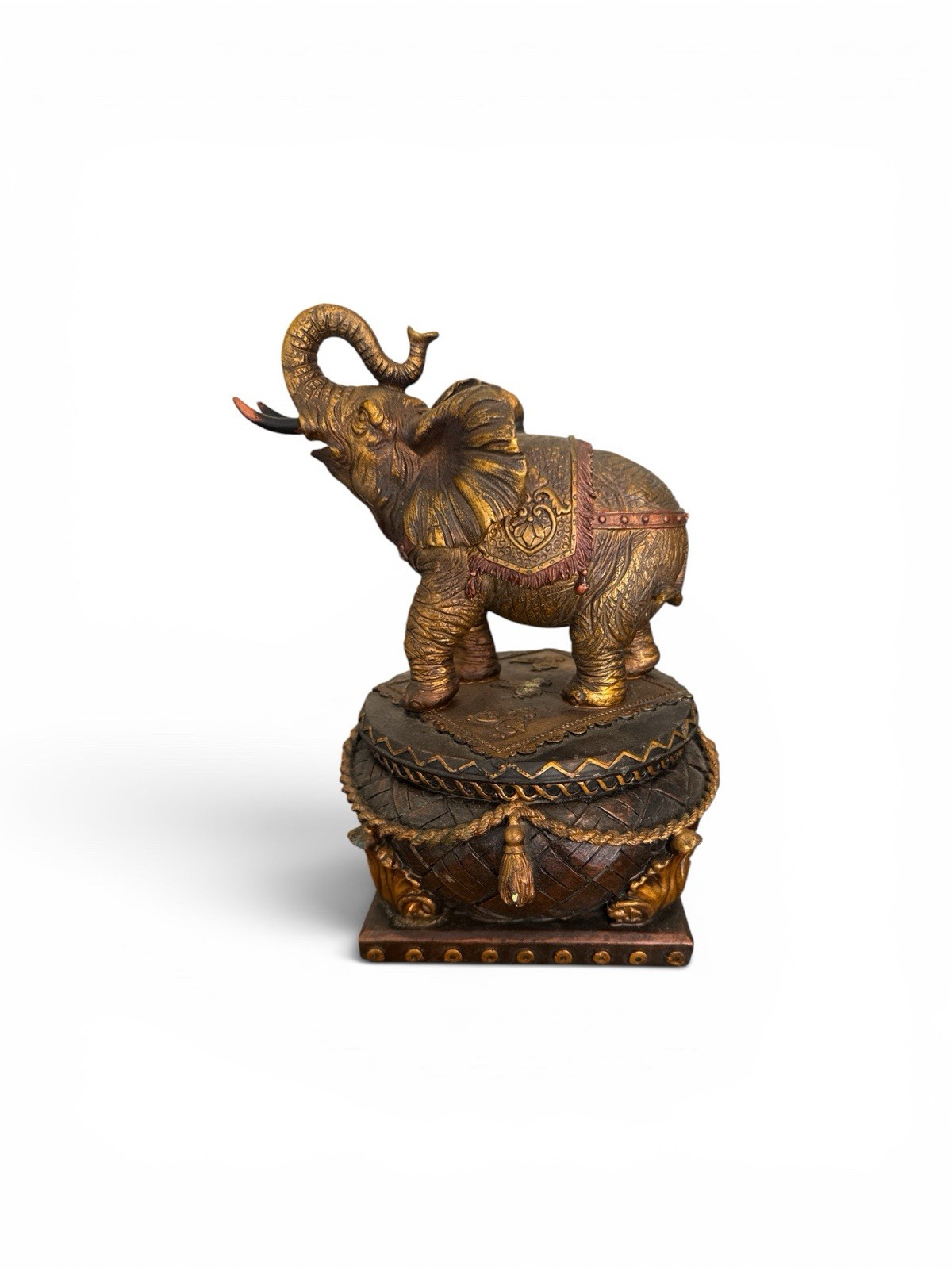 Elephant Basket Bowl & Lid Table Top Decor Resin Toscano Design 9” gallery