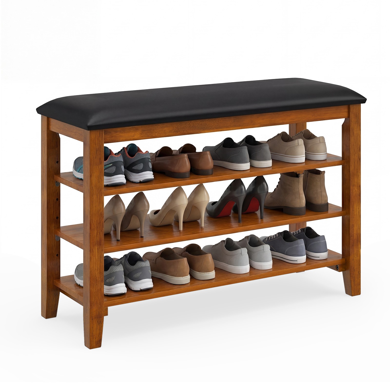 Shoe Rack Bench, Rubber Wood Entryway Bench w/Adjustable Shelves & Soft Cushion gallery