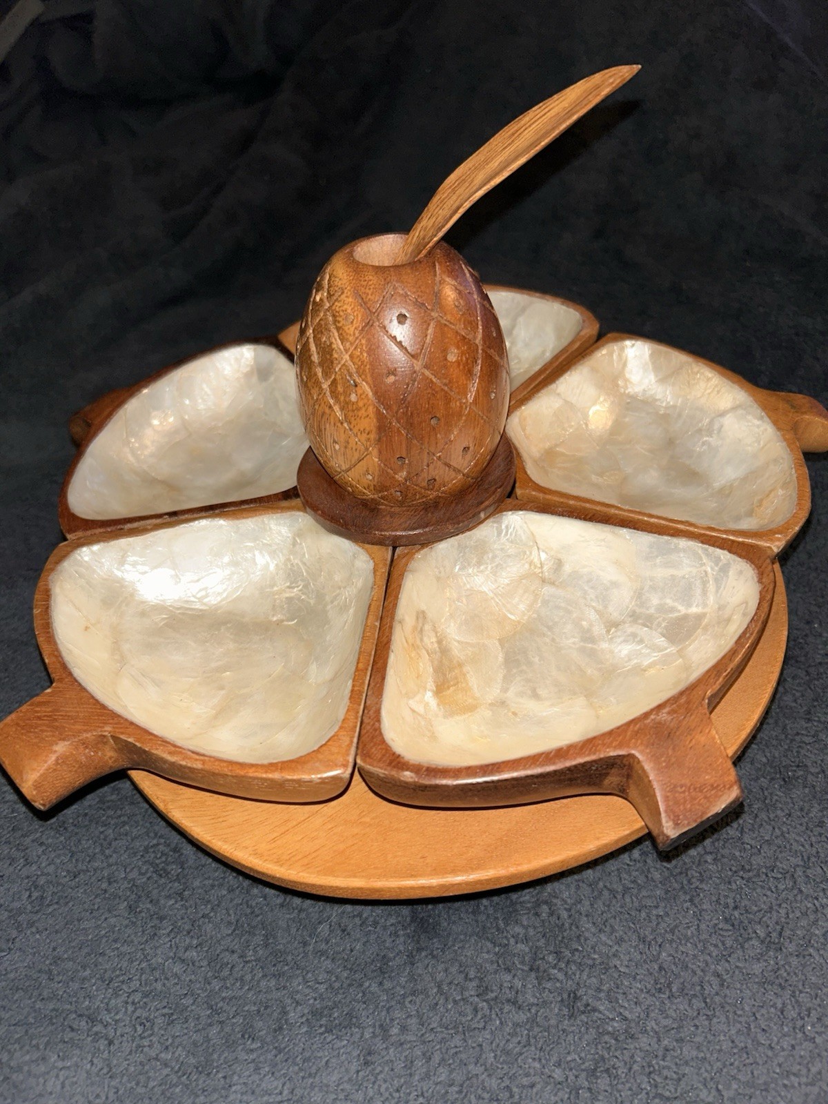 Serving Set, Unique Vintage, 1960’s Hand Carved Rain Tree Wood & Capiz Inlay gallery