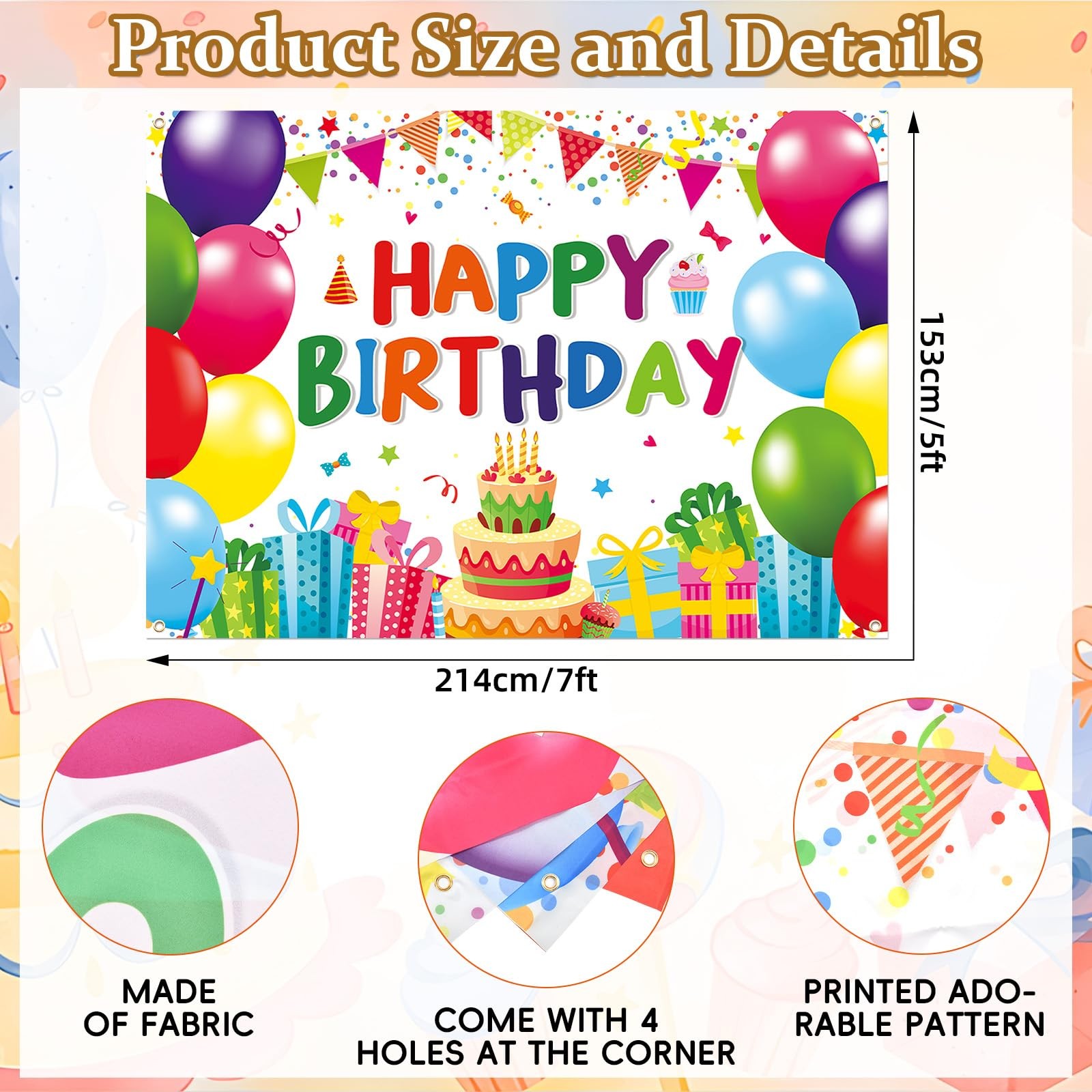 7 x 5 FT Happy Birthday Backdrop - Colorful Birthday Banner Wall Hanging, Fun Ph gallery